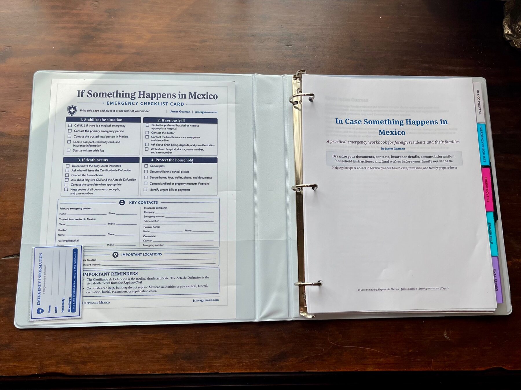 Open workbook showing the emergency checklist, wallet card, title page, and divider tabs